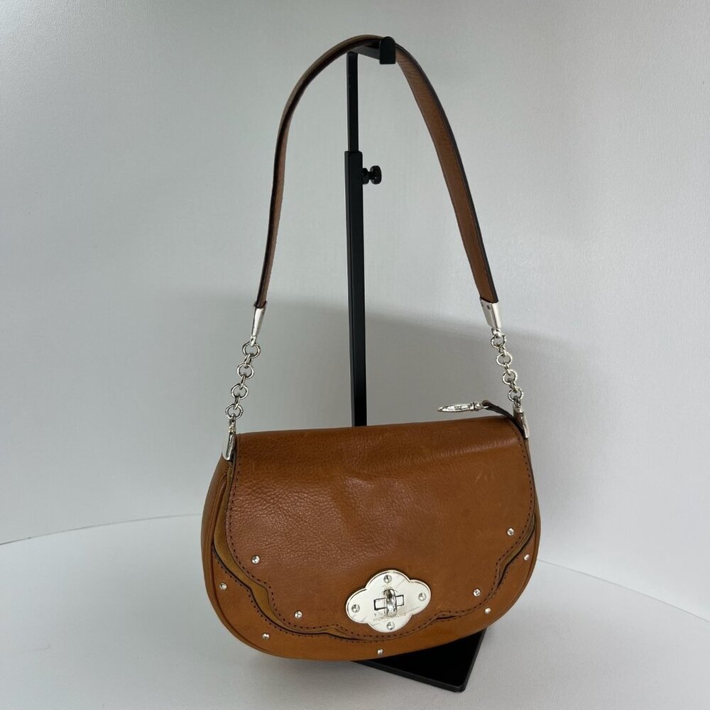 Michael Kors Brown leather Shoulder Bag Studded Turn Lock Purse Silver Hardware